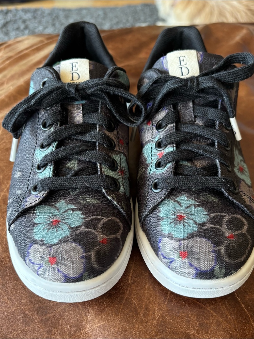 Ellen DeGeneres Black Floral Low-Top Sneakers with Teal Accents